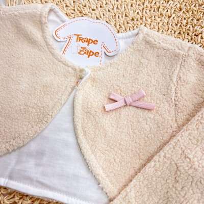 Conj. Bolerinho de Pelinho e Vestido Ursinhas - Rosa Bebê e Off White